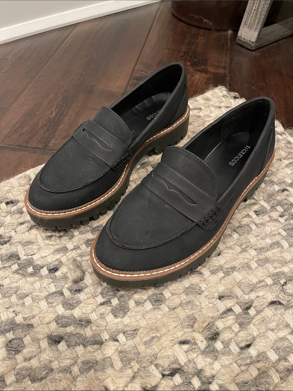 Black Lug Sole Penny Loafers with Contrast Welt